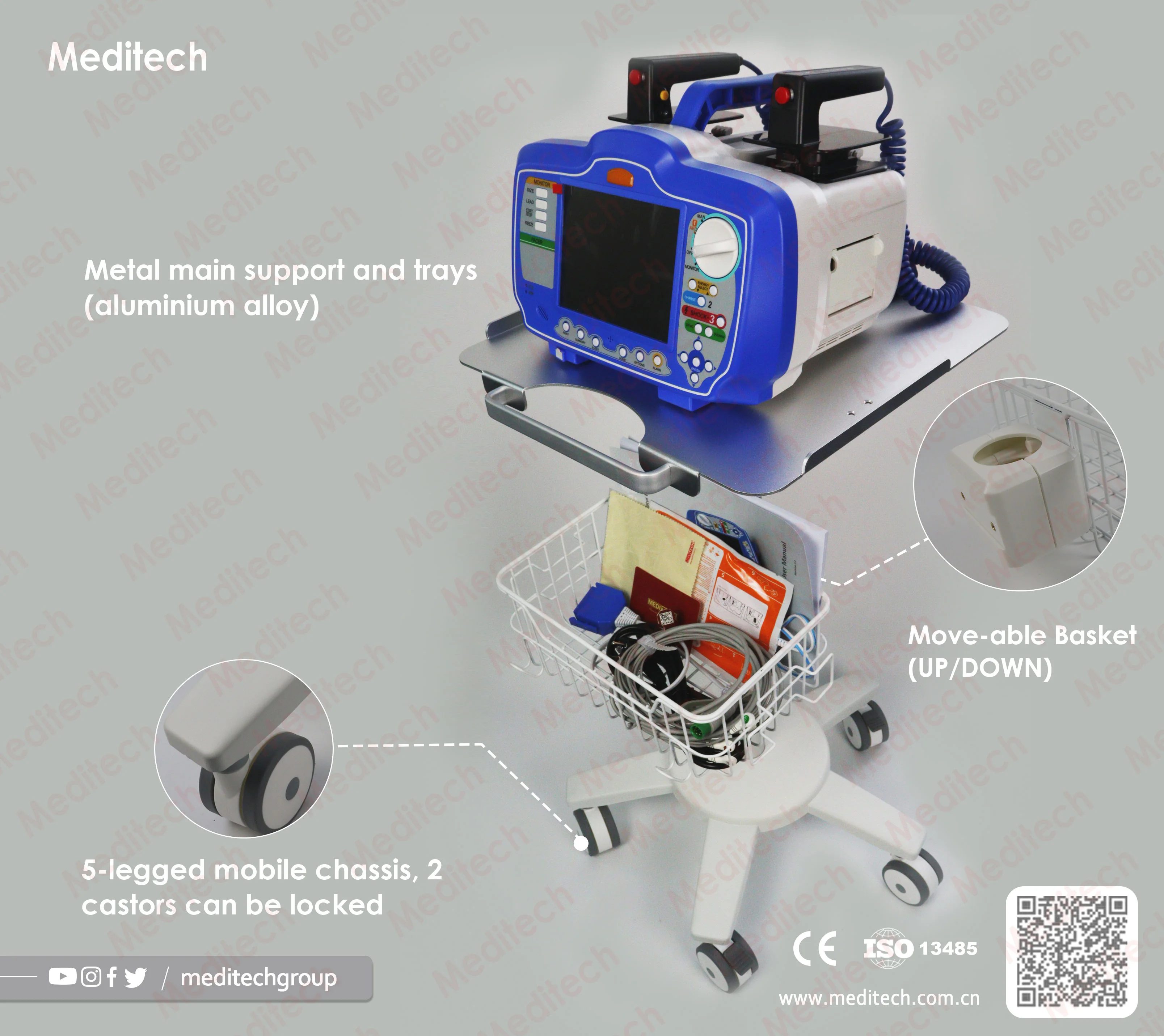 Mobile trolley for the Meditech Moniteurs défibrillateurs